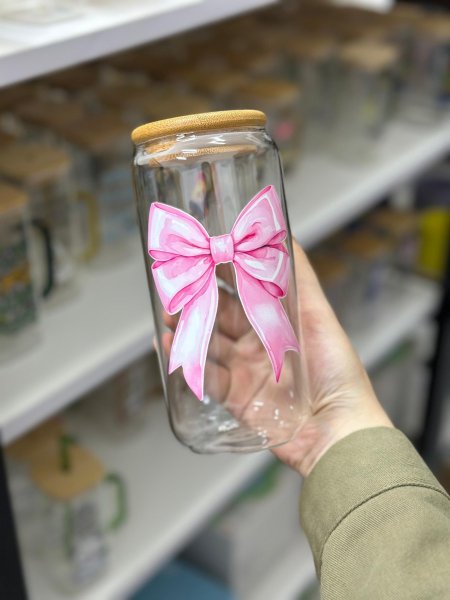 فترينا طباعة حجم 550 ml مع غطا خشب بامبو وقشة زجاج