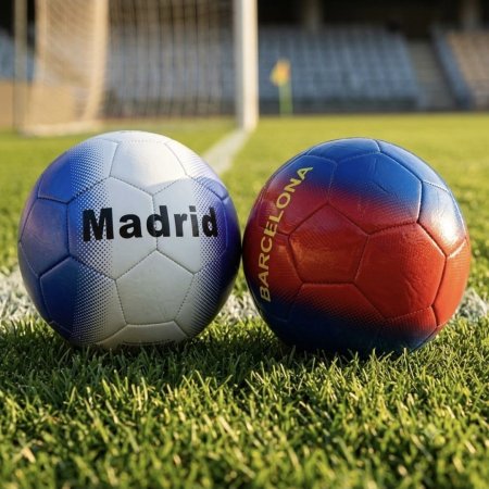 كرة قدم تحمل اسم نادي ريال مدريد / ونادي برشلونة وتتميز بألوانهم التقليدية