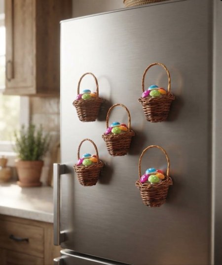 مغناطيس ثلاجة شكل سلة قش صغيرة مصغرة (Miniature Woven Basket) مليئة بقطع فطر ملون صغير (Mini Colorful Mushroom Ornaments)