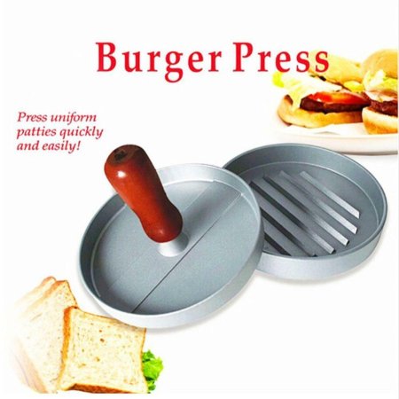 مكبس برجر (Burger Press) مصنوع من الألمنيوم المسبوك غير اللاصق مع مقبض خشبي مريح، يُستخدم لتشكيل أقراص البرجر بشكل متناسق وسريع.