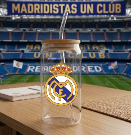 فترينا طباعة حجم 550 ml مع غطا خشب بامبو وقشة زجاج مع تصاميم لفرق كرة القدم ( ريال مدريد/ برشلونة)